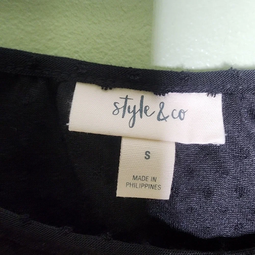 Style & Co Peplum Top S Black Swiss‎ Dot 3/4 Sleeves Semi Sheer Boho